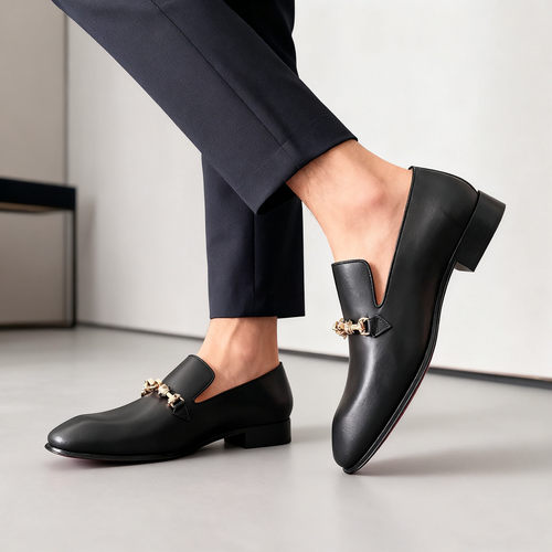 cl andgz红底鞋皮鞋黑色绅士金色扣正装皮鞋婚鞋乐福鞋男鞋商务鞋