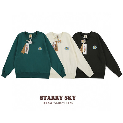 加绒刺绣飞机星卡通圆领长袖卫衣