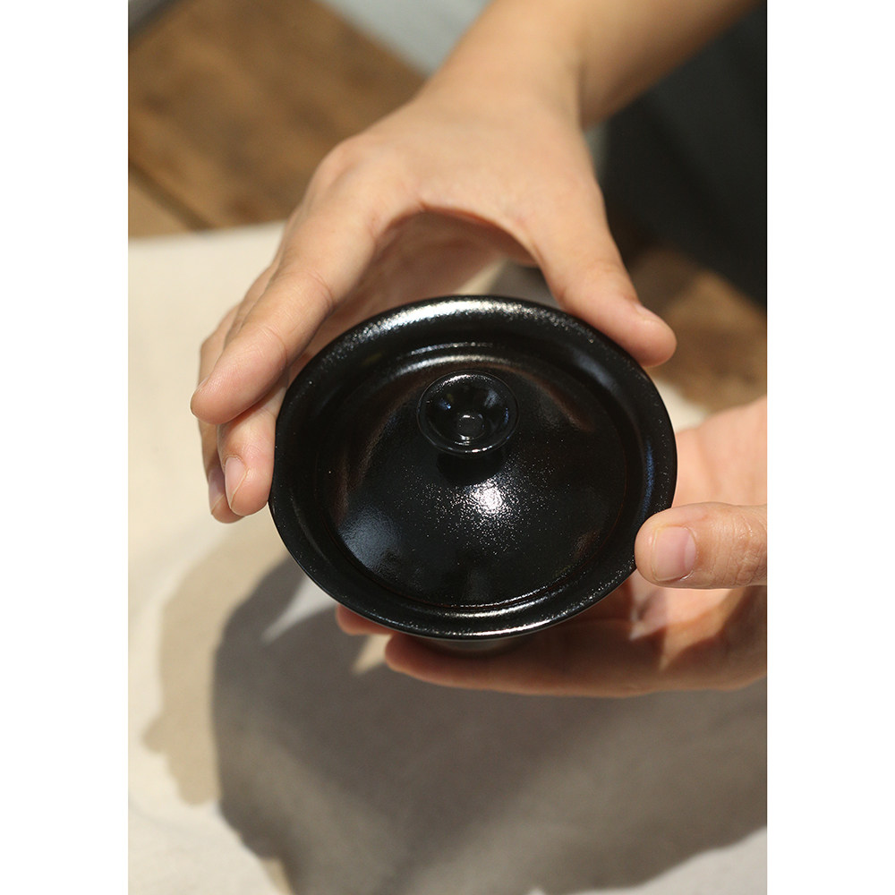 吉州窑原矿素黑盖碗 极简黑釉 不烫手&middot;片状出水 现代茶席主泡器