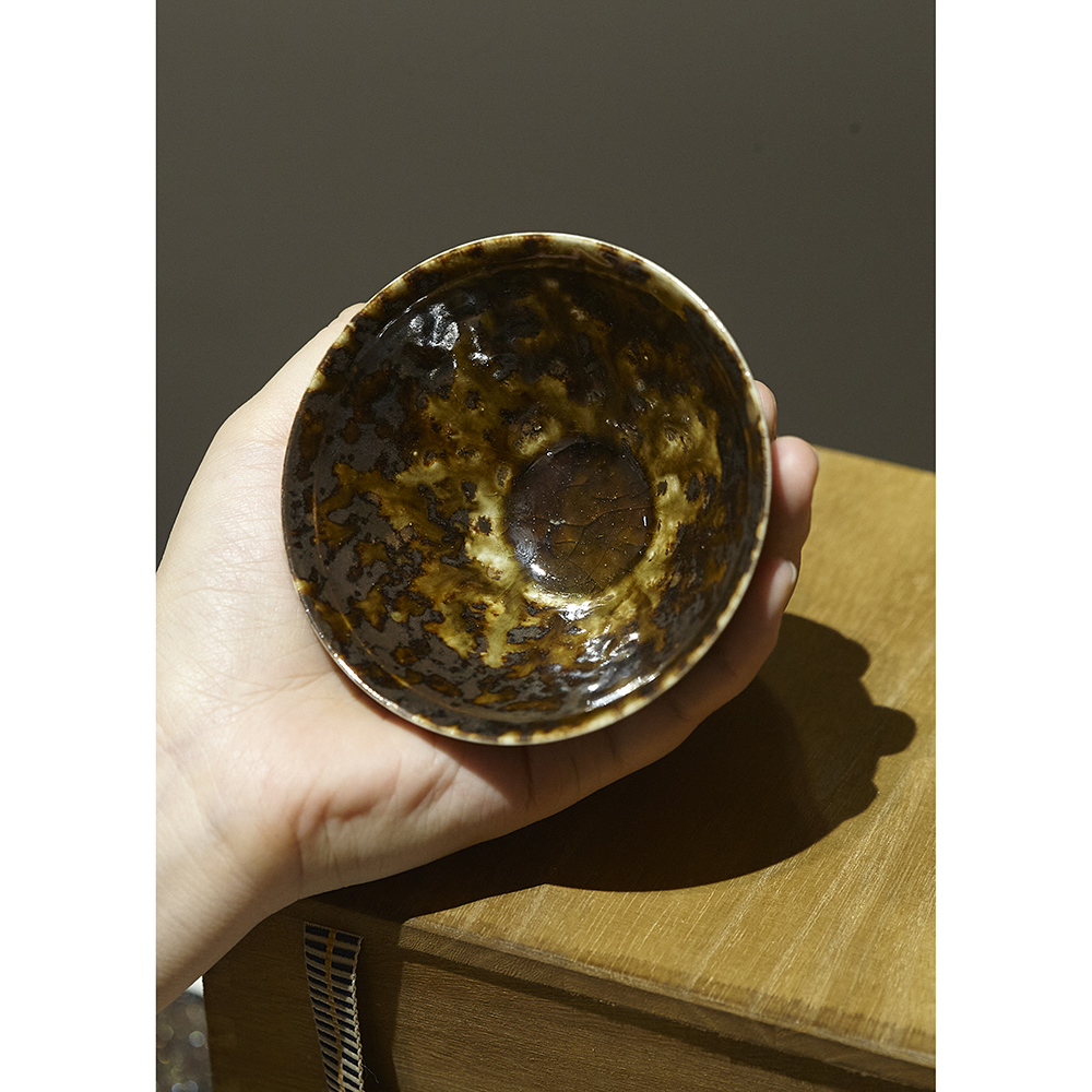 吉州窑柴烧裸烧落灰玳瑁大脚斗笠茶盏原矿黑釉瓷窑变主人茶盏孤品