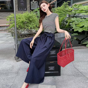 2025夏季新款时尚条纹无袖背心上衣腰带蝴蝶结阔脚裤两件套女裙裤