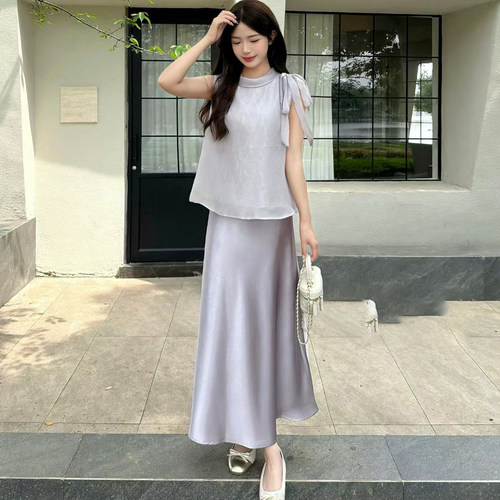 蝴蝶结领无袖背心+半身裙两件套小仙女2026夏季新款气质连衣裙套
