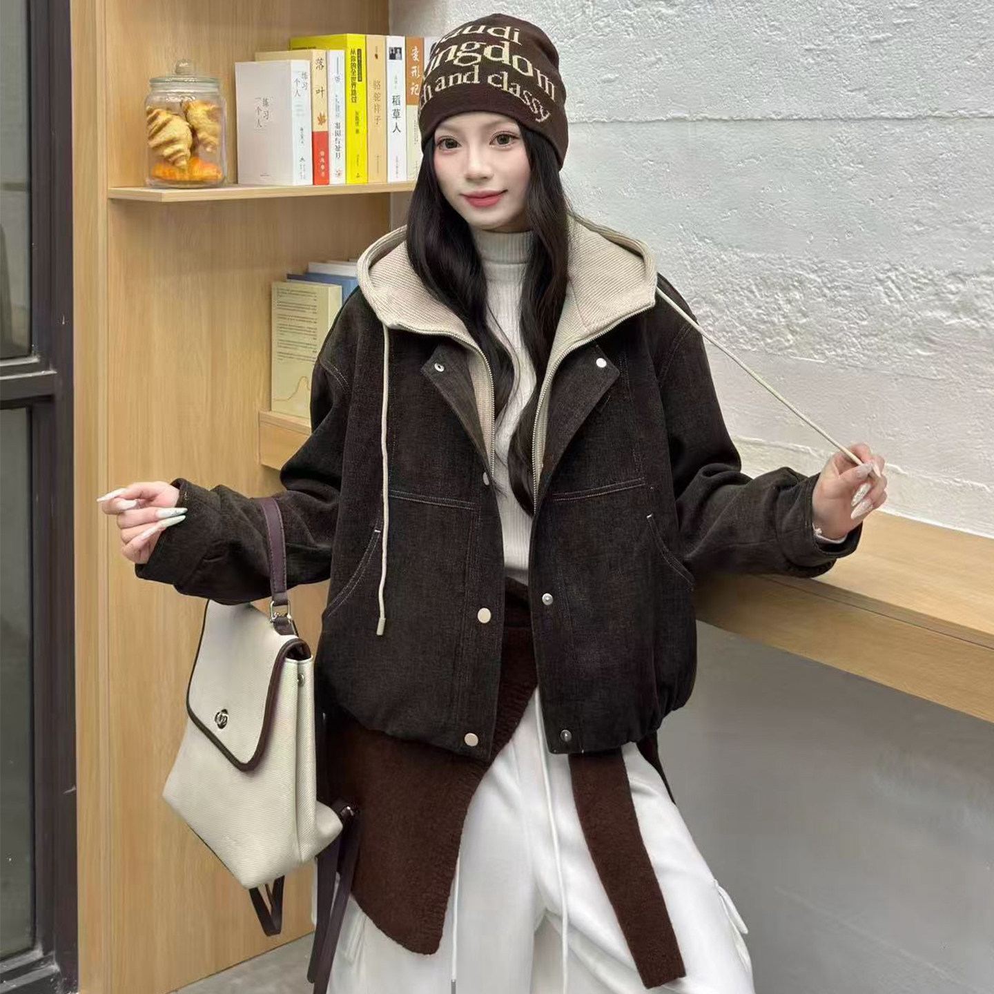 加绒加厚松紧下摆宽松百搭连帽保暖夹克冬季假两件牛仔色厚外套女