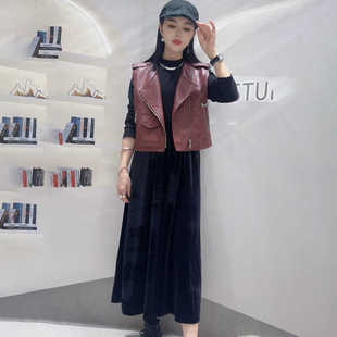 外套搭配裙子一整套 PU皮无袖 今年流行PU马甲连衣裙两件套秋季 新款