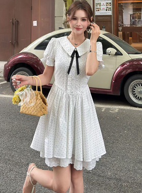 学院风甜美少女白色短袖圆点连衣裙仙女娃娃领蝴蝶结收腰蓬蓬裙子