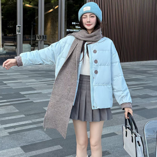 冬季流行新款围巾搭配羽绒服文艺范圆领白鸭绒短款保暖外套美少女