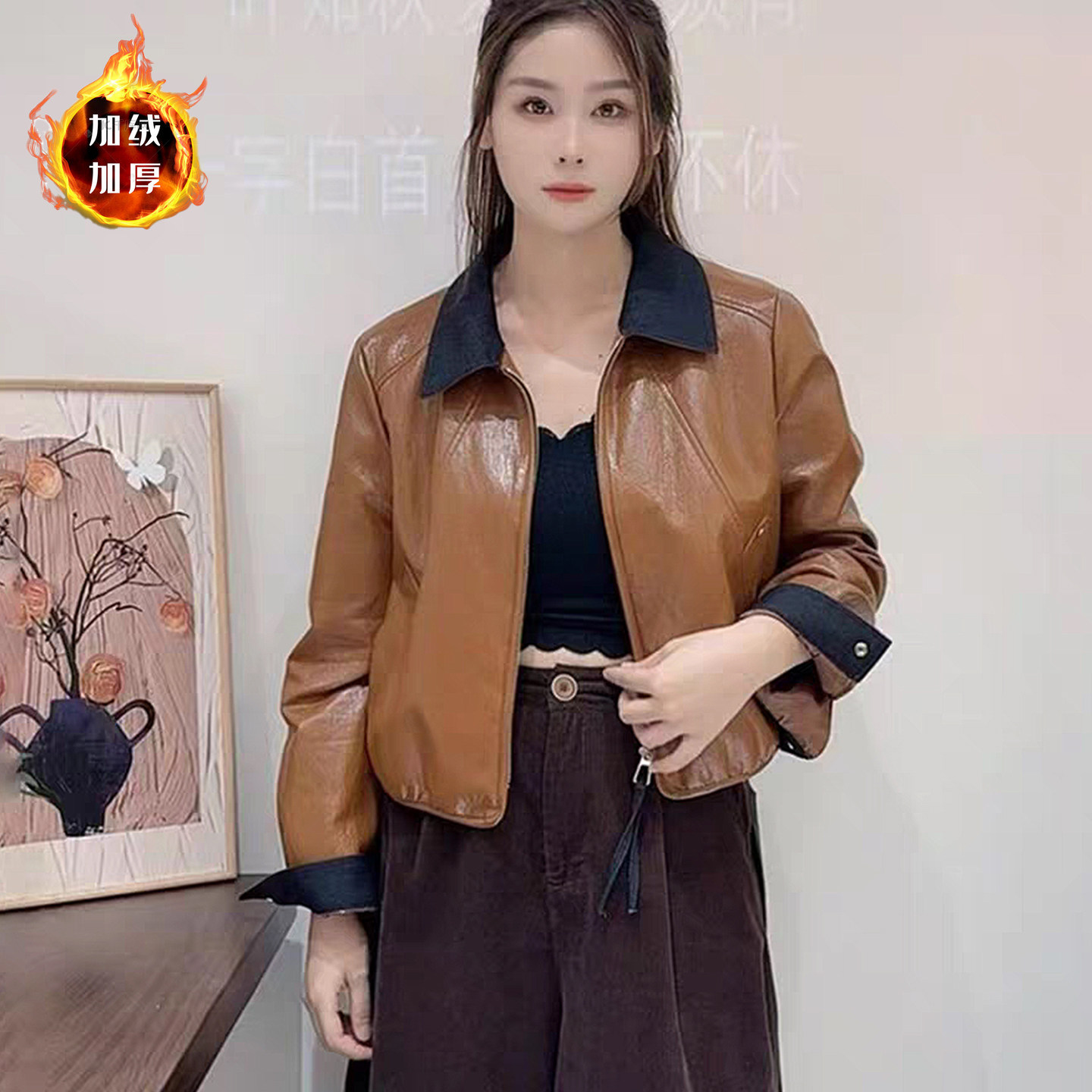 加绒加厚皮衣外套女2025冬季新款时尚宽松小个子保暖橘色潮皮夹克,女装/女士精品,短外套,淘宝优惠券,粉丝福利购,淘宝优惠卷