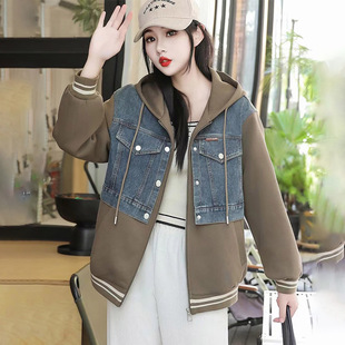 港风牛仔拼接外套女2025春秋新款盐系高级感超好看复古学院风卫衣