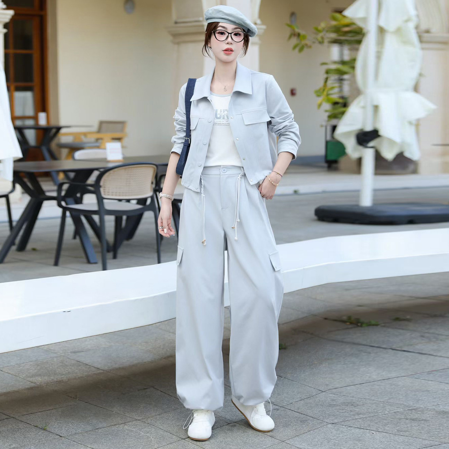 工装风时尚休闲弯刀裤套装女2026春季新款短外套背心阔腿裤三件套