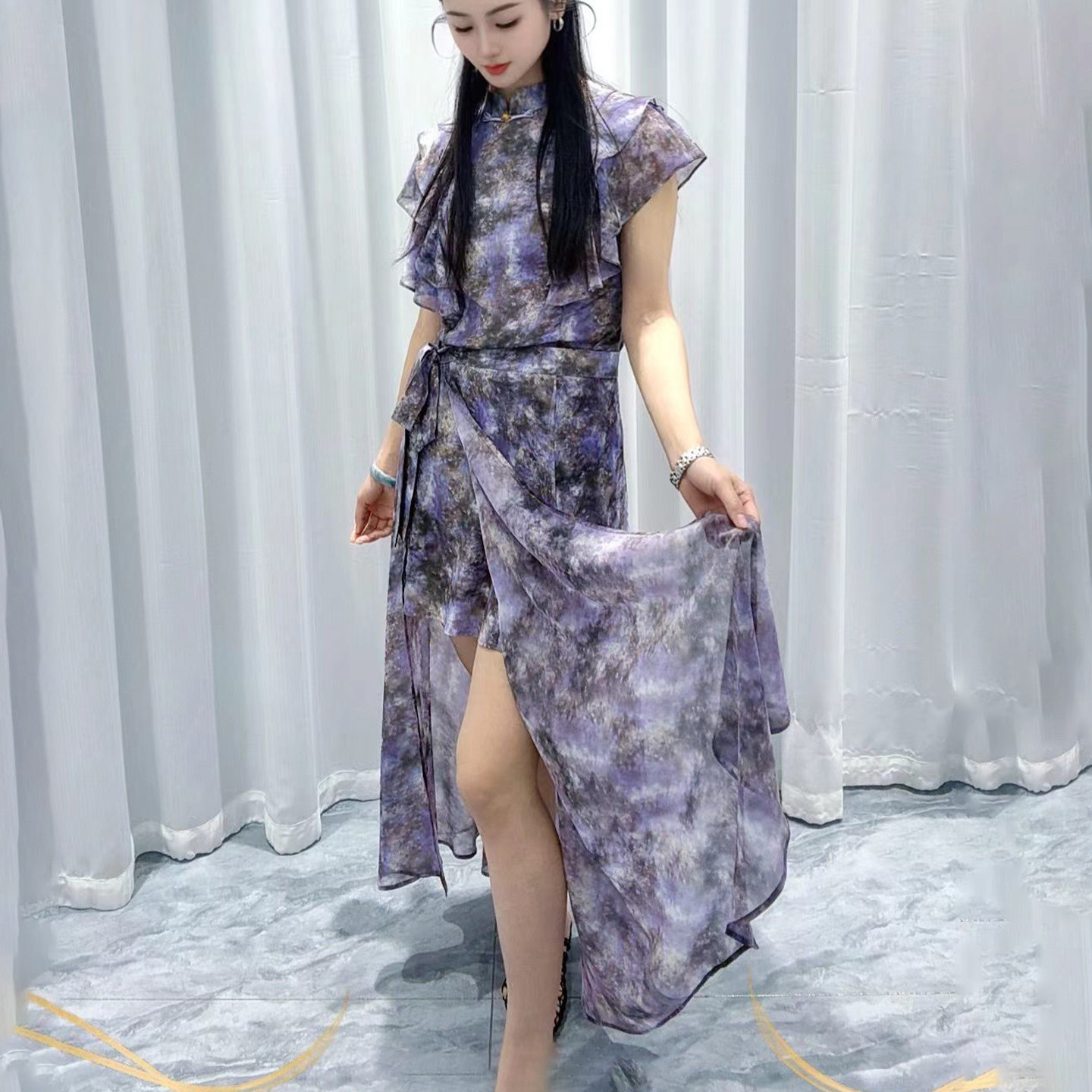 紫色氛围感碎花连衣裙围裹式两件套小仙女2026夏装新款裙子一整套