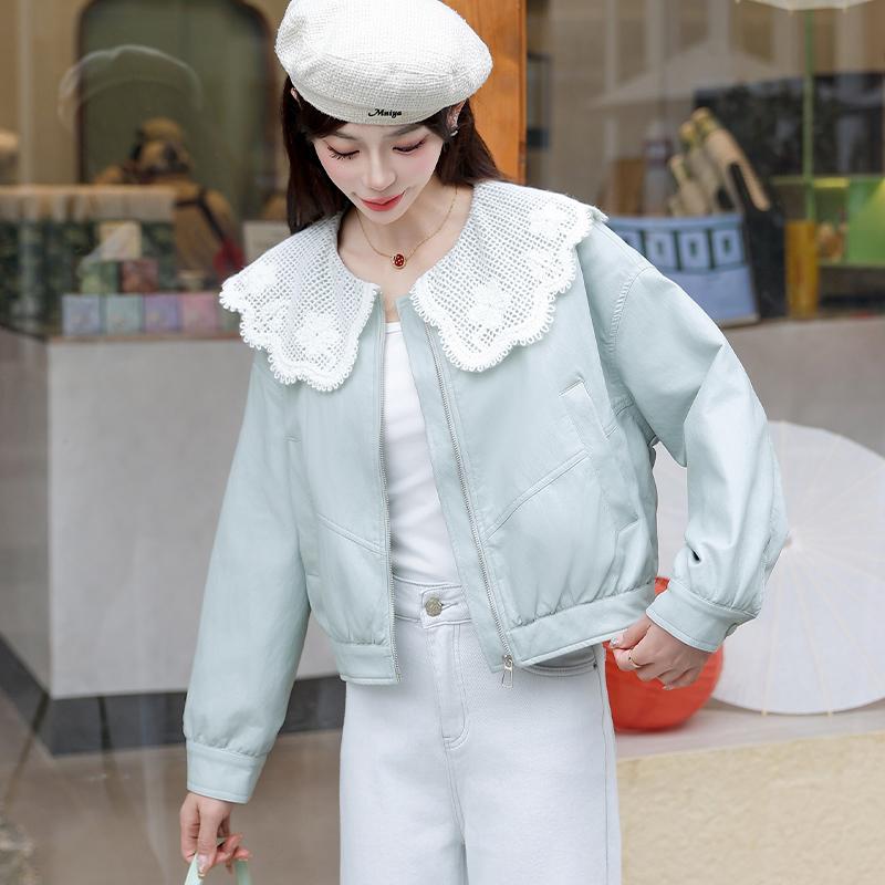 蕾丝拼接娃娃领短款皮外套女