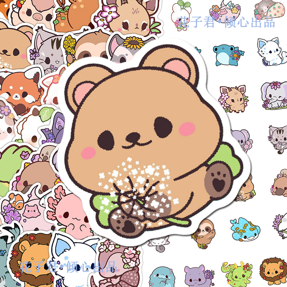 100张花卉动物贴纸卡通可爱手绘小动物DIY装饰手机壳桌面行李箱