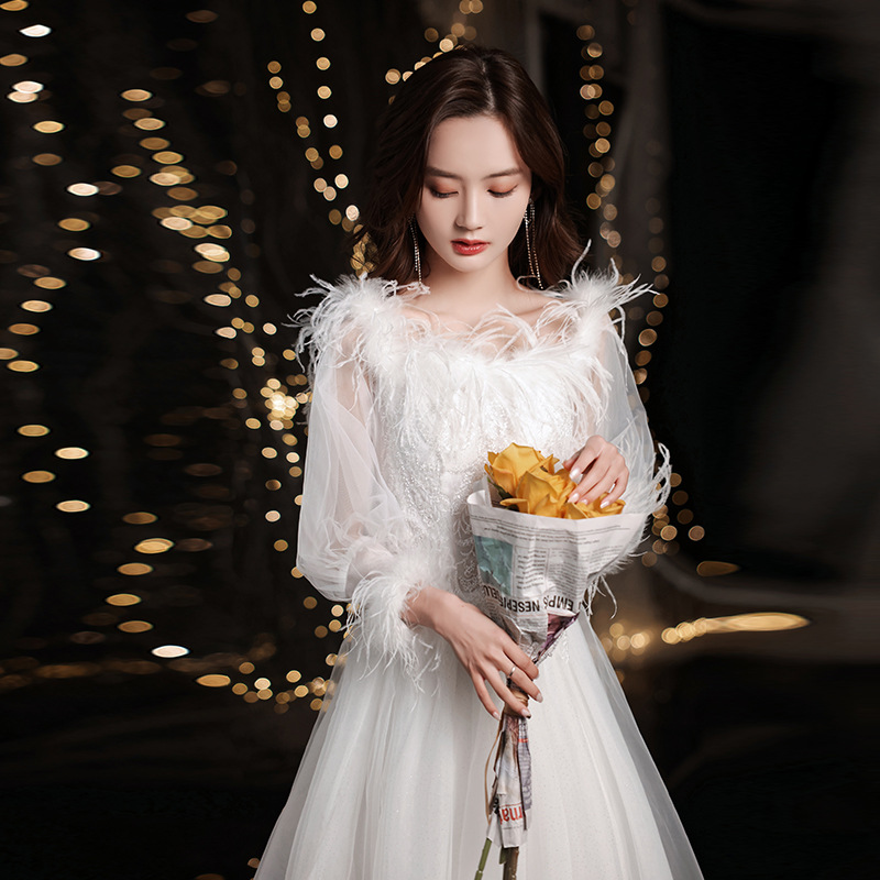 白色羽毛晚礼服裙女2025新款高级感高端轻奢小众生日婚纱法式长袖