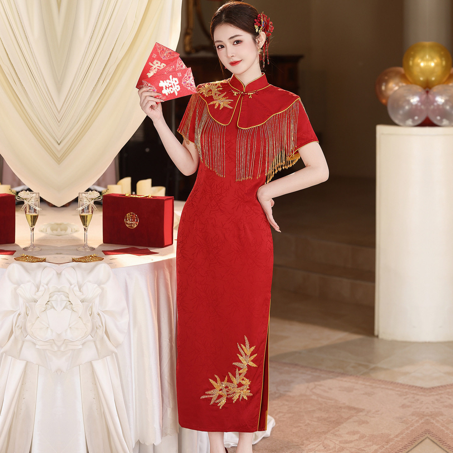 新中式红色订婚旗袍2026新款国风领证礼服裙披肩新娘敬酒服嫁衣夏