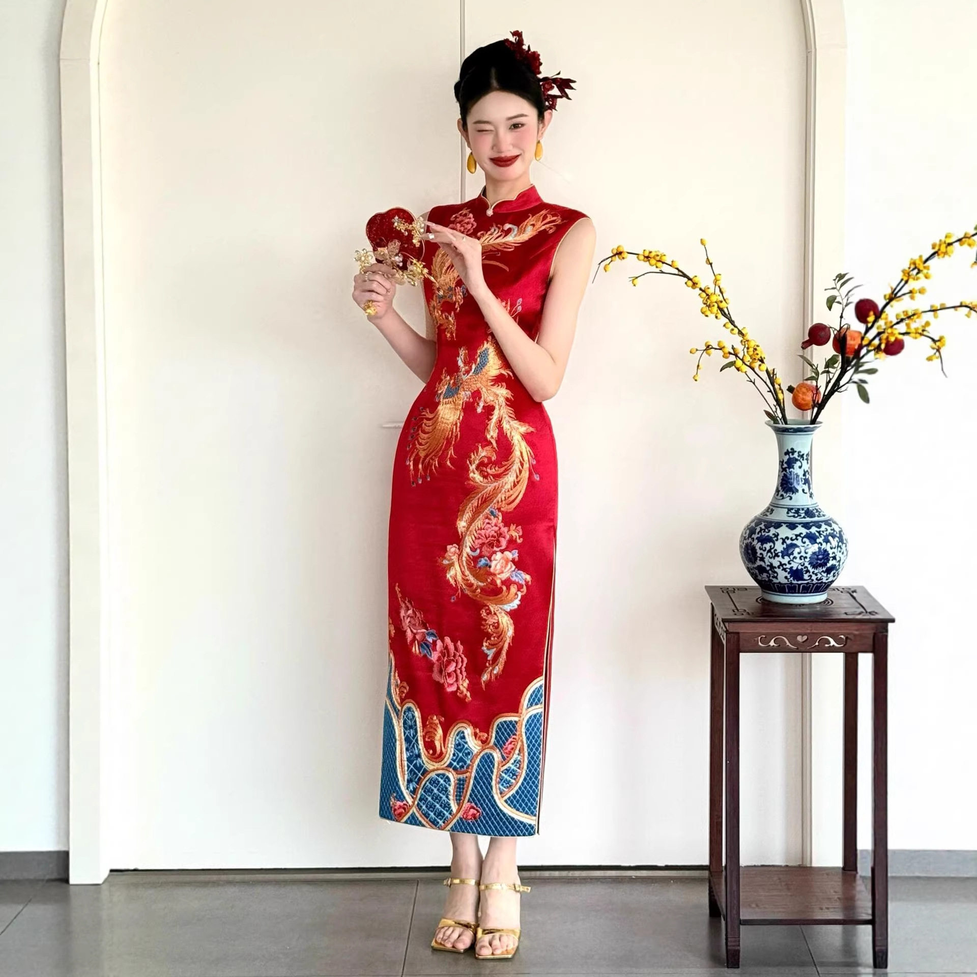 旗袍新中式复古敬酒服新娘小个子高级感酒红色结婚订婚鱼尾礼服女