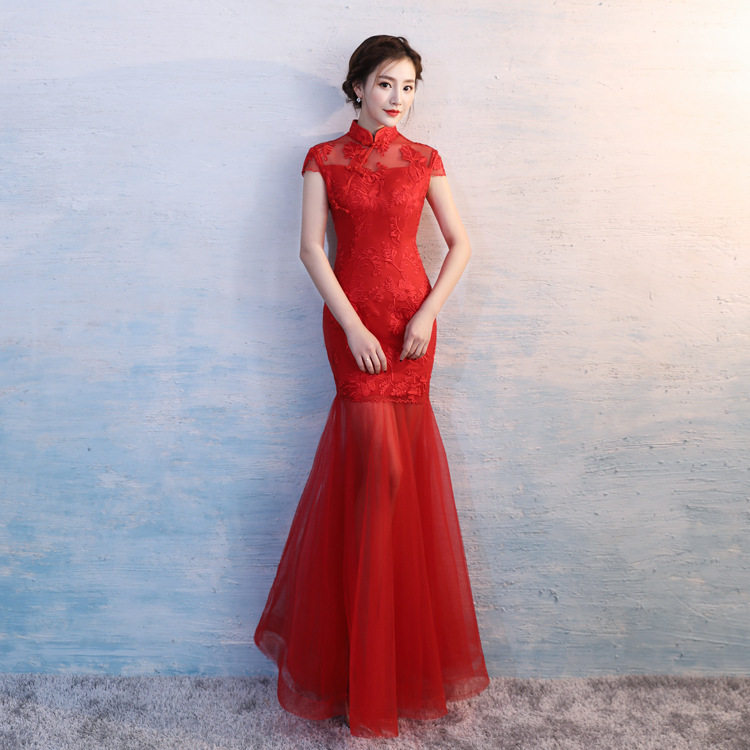 敬酒服亚红色鱼尾蕾丝迎宾开业旗袍2025新款夏红色结婚敬酒服性感