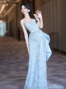 蓝色轻奢晚礼服2025新款高端小众敬酒服新娘主持人宴会鱼尾连衣裙