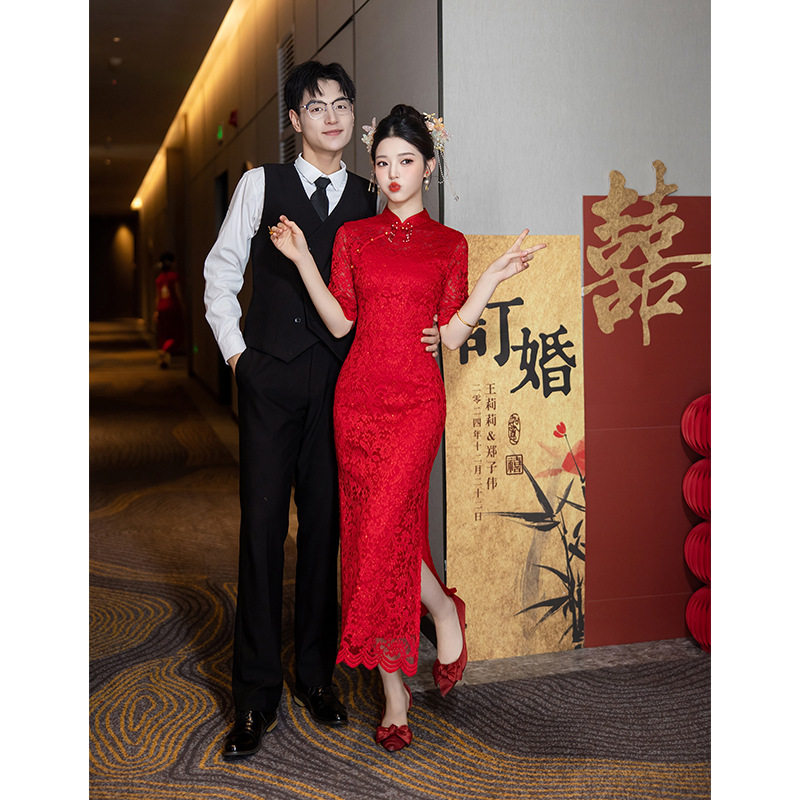 中袖敬酒服新娘旗袍酒红色2025新款订婚礼服裙新中式结婚女高级感