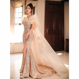 法式香槟金鱼尾开叉高端亮片晚礼服年会主持人订婚敬酒服结婚婚纱