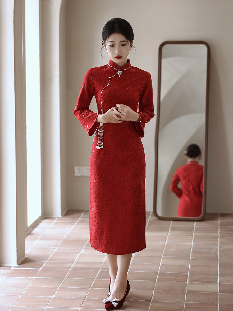 红色旗袍敬酒服新中式年轻款新娘结婚订婚礼服连衣裙女秋冬季长袖
