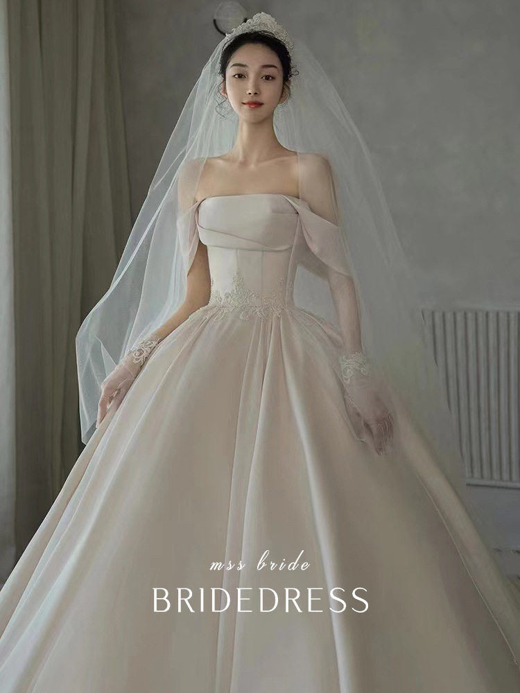 主婚纱伽罗同款2025年新款新娘缎面一字肩法式复古简约时尚婚纱女