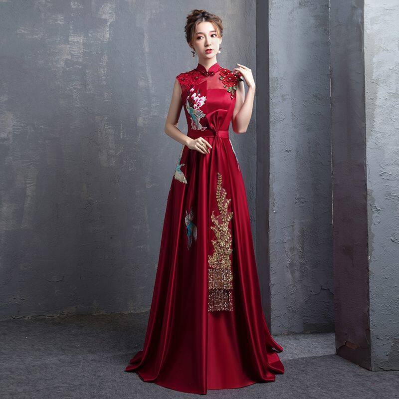 敬酒服2025新款结婚中国风新娘酒红色中长款高腰遮肚子孕妇晚礼服