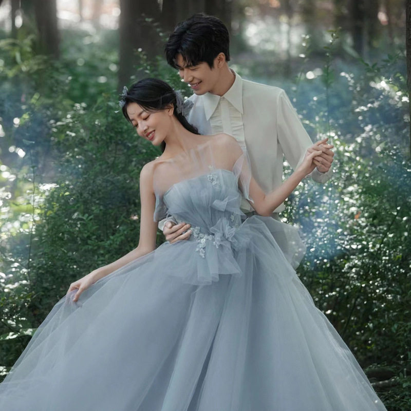 影楼拍照主题情侣2025新款蓝色抹胸婚纱公主梦幻显瘦超仙礼服影楼