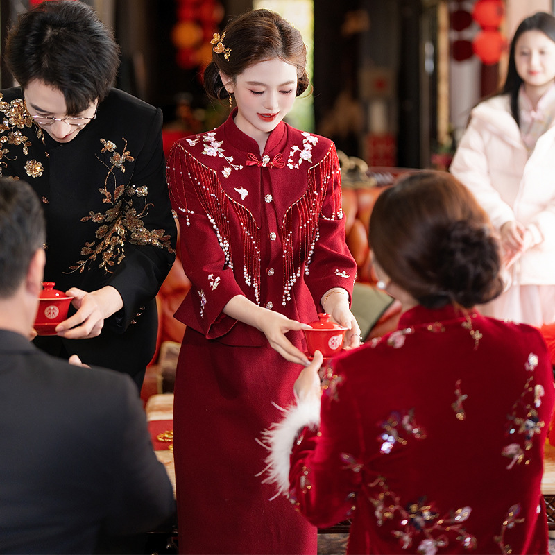 2025新款新中式敬酒服旗袍秀禾服婚服新娘结婚出阁服订婚礼服红色