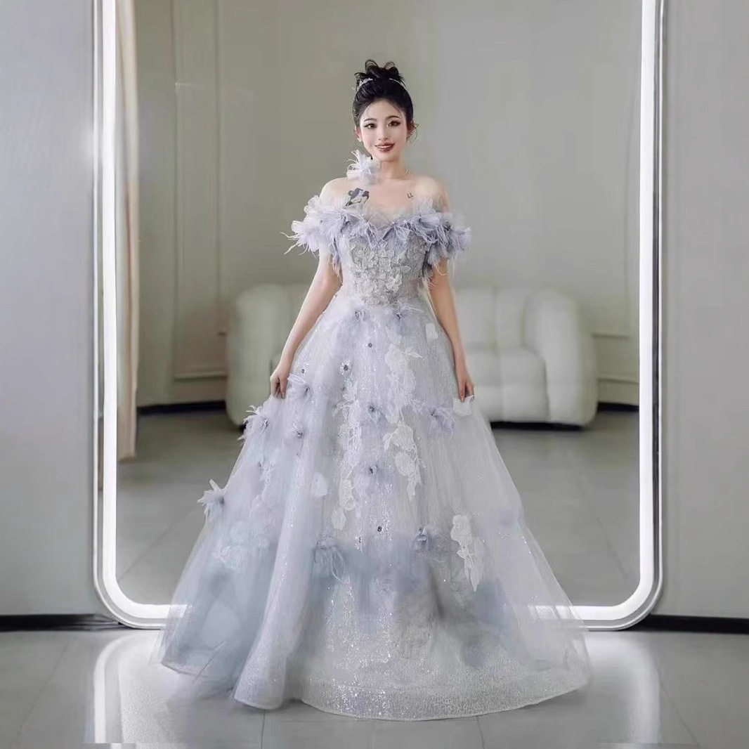 2026新款法式气质蓝色晚礼服女高级感立体花朵成人礼公主裙仙宴会