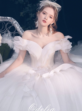 odelia2025年新款婚纱新娘小个子出门主婚纱一字肩婚纱礼服拖尾