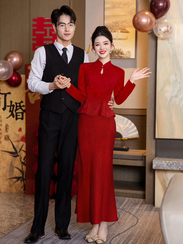 新中式旗袍敬酒服新娘订婚礼服连衣裙小个子红色结婚礼服套装长袖图片