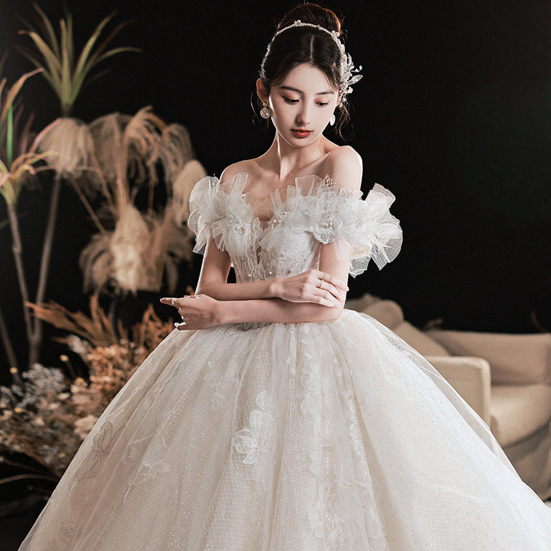 【海雾】一字肩婚纱2025新款新娘结婚复古高级质感主婚纱拖尾大码