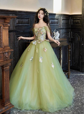 绿色仙气晚礼服高级感学生日成人礼主持订婚公主纱裙一字肩艺考