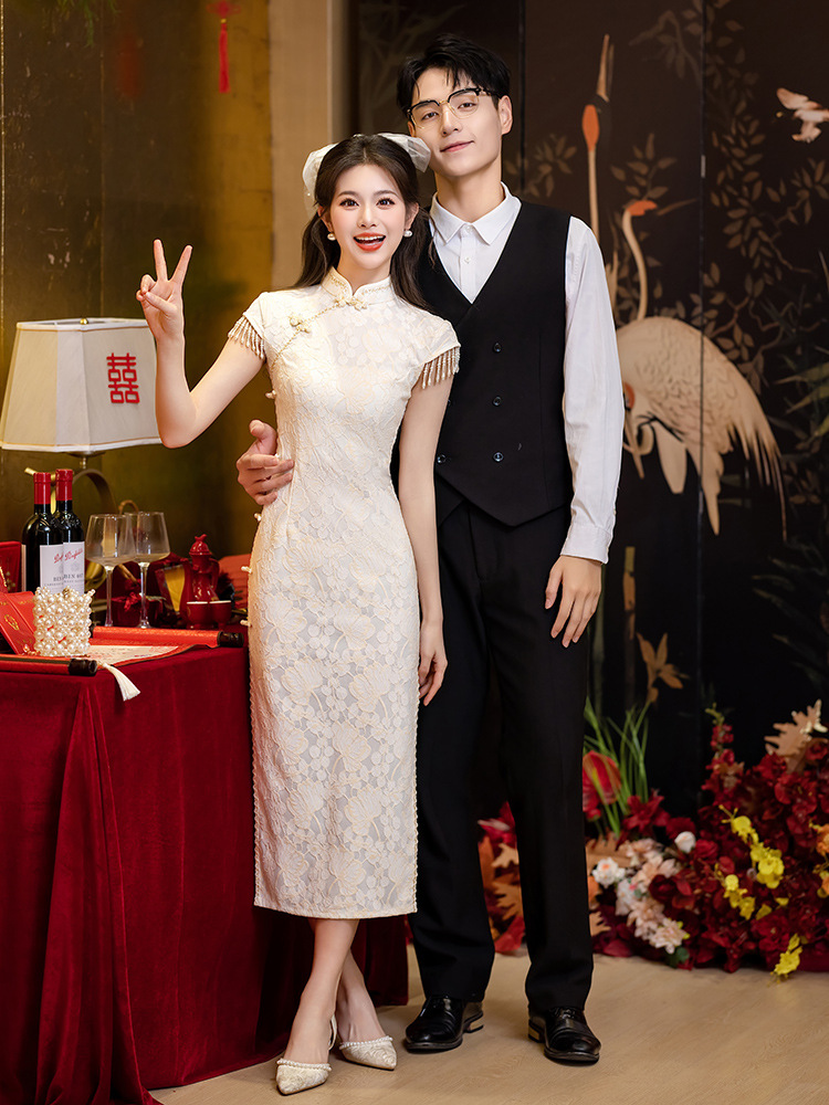 新中式旗袍2025新款订婚领证登记礼服敬酒服小白裙女回门流苏大码