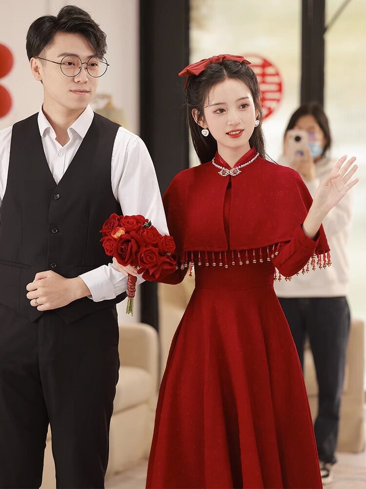 新中式旗袍敬酒服新娘2025新款红色订婚礼裙回门便装连衣裙子秋冬