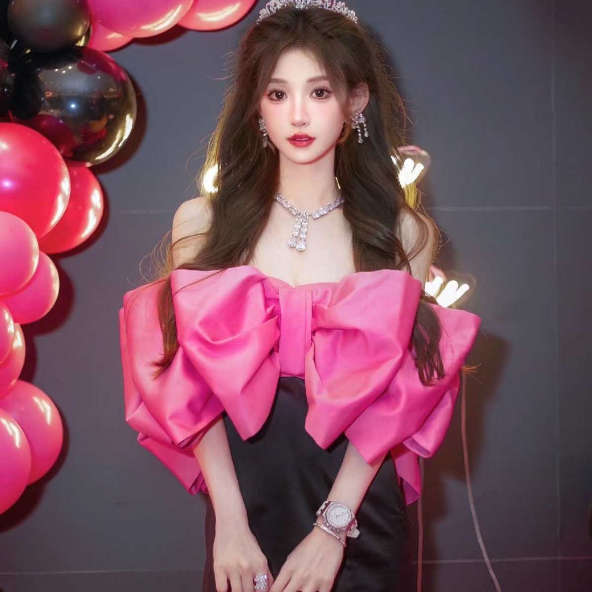 法式生日party小礼服裙高端轻奢小众重工蝴蝶结抹胸一字肩连衣裙