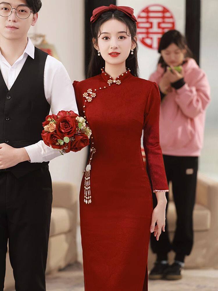 2026新款旗袍敬酒服新娘小个子酒红色订婚礼服裙中式回门年轻结婚