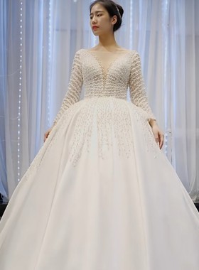 外贸婚纱礼服2026新款修显瘦蓬蓬裙拖尾婚纱外贸大码绸缎手工珍珠