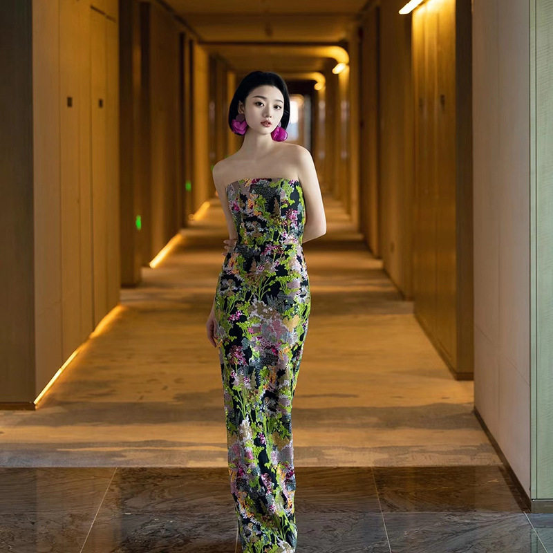 绿色亮片修身晚礼服轻奢小众高级感气质年会主持新娘结婚敬酒服女