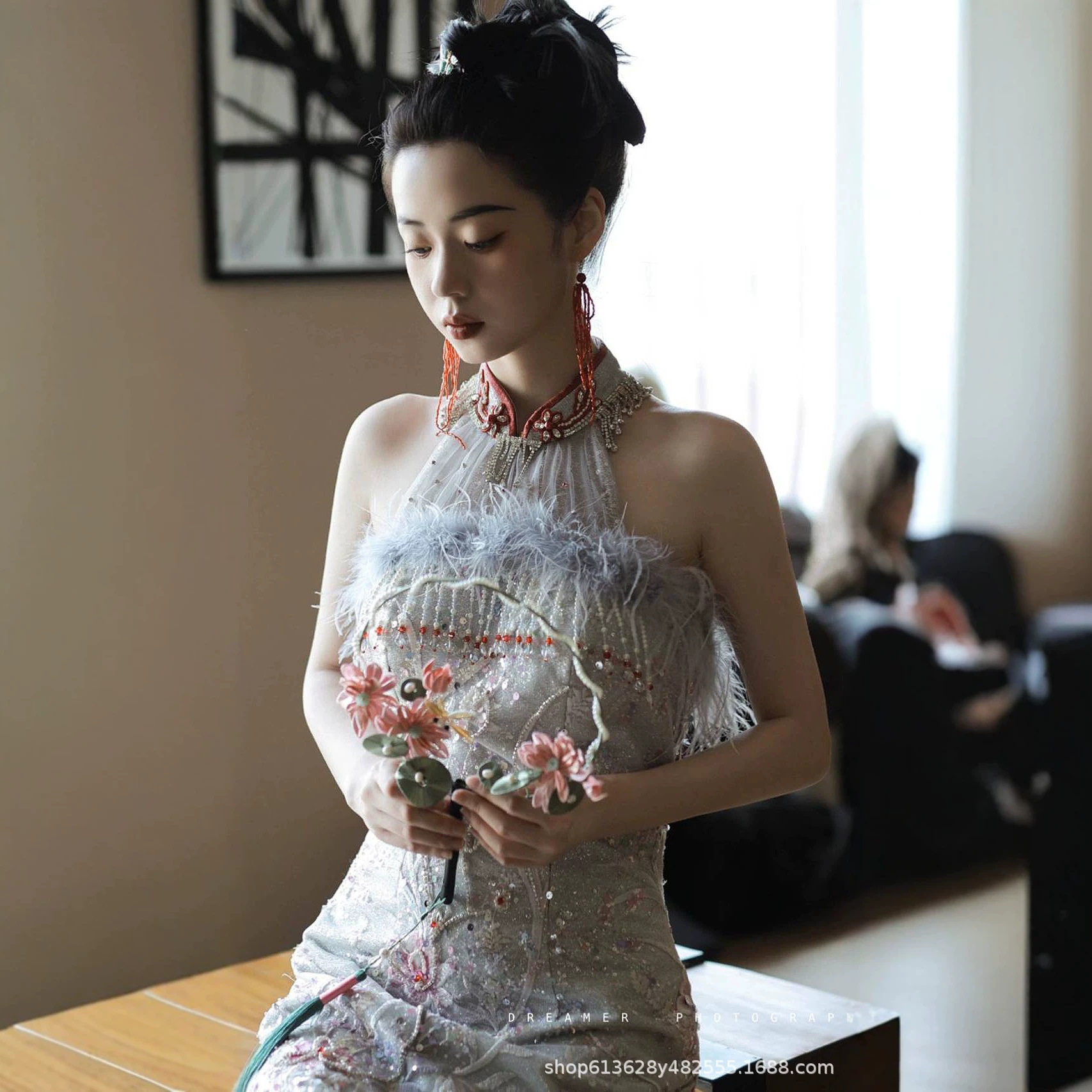 2026新款新中式国风重工羽毛俏皮提花蓝色无袖优雅套装两件套女