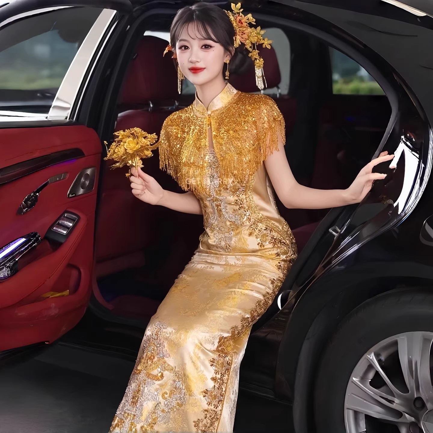 新中式改良旗袍新娘敬酒服新款香槟金色重工订婚礼服裙高端复古风