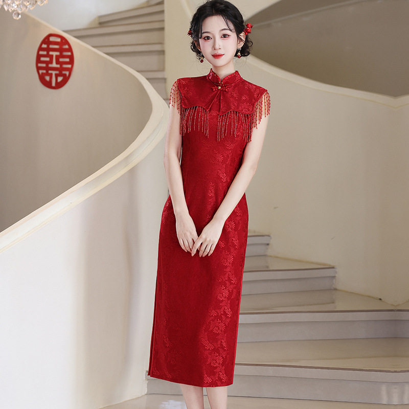 新中式旗袍敬酒服新娘高级感酒红色小个子订婚结婚礼服显白回门服