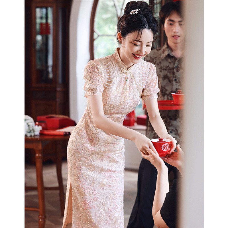 蕾丝敬酒服新娘2025新款高级感粉