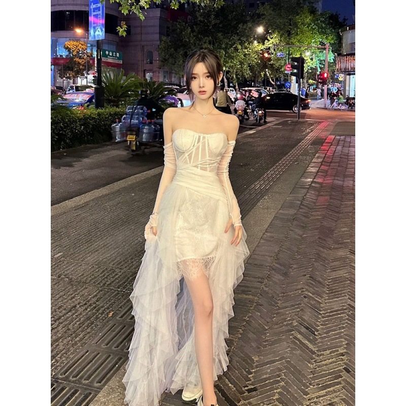 仙气法式抹胸连衣裙重工鱼骨网纱蕾丝拖尾生日礼服长裙女万圣节白