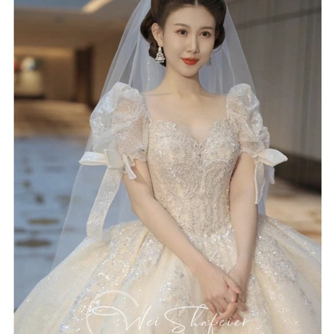 婚纱主纱2025新款新娘夏季大拖尾重工奢华高级小个子礼服遮粗手臂