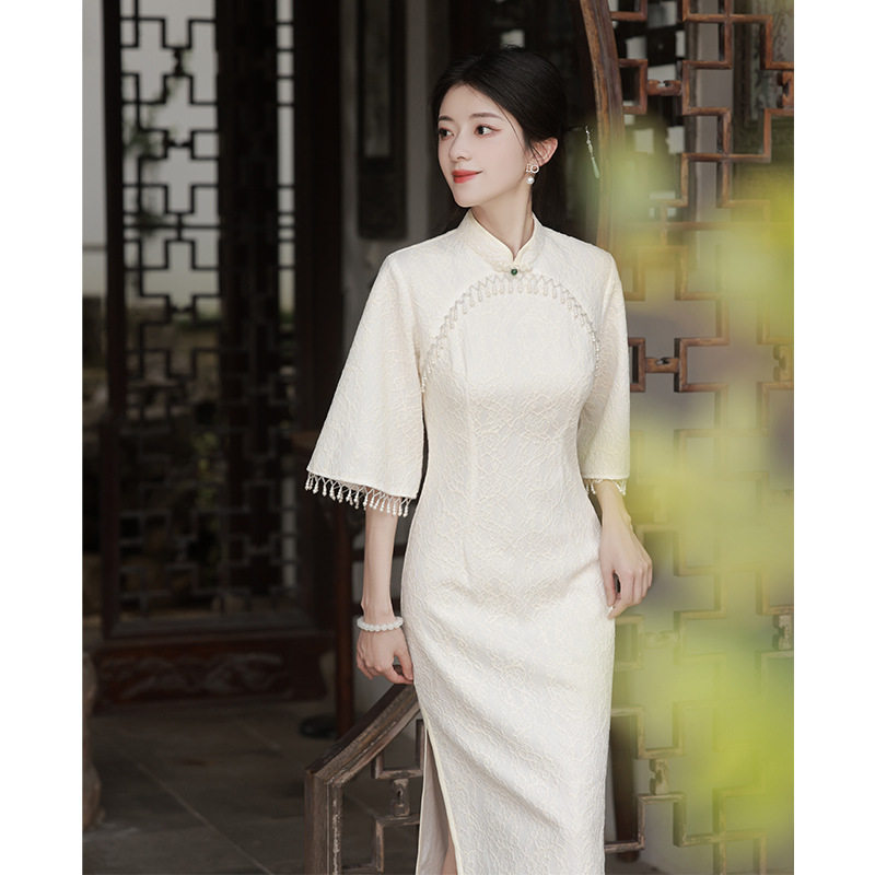 白色领证登记旗袍女秋季年轻款中式敬酒服订婚礼服裙蕾丝日常可穿