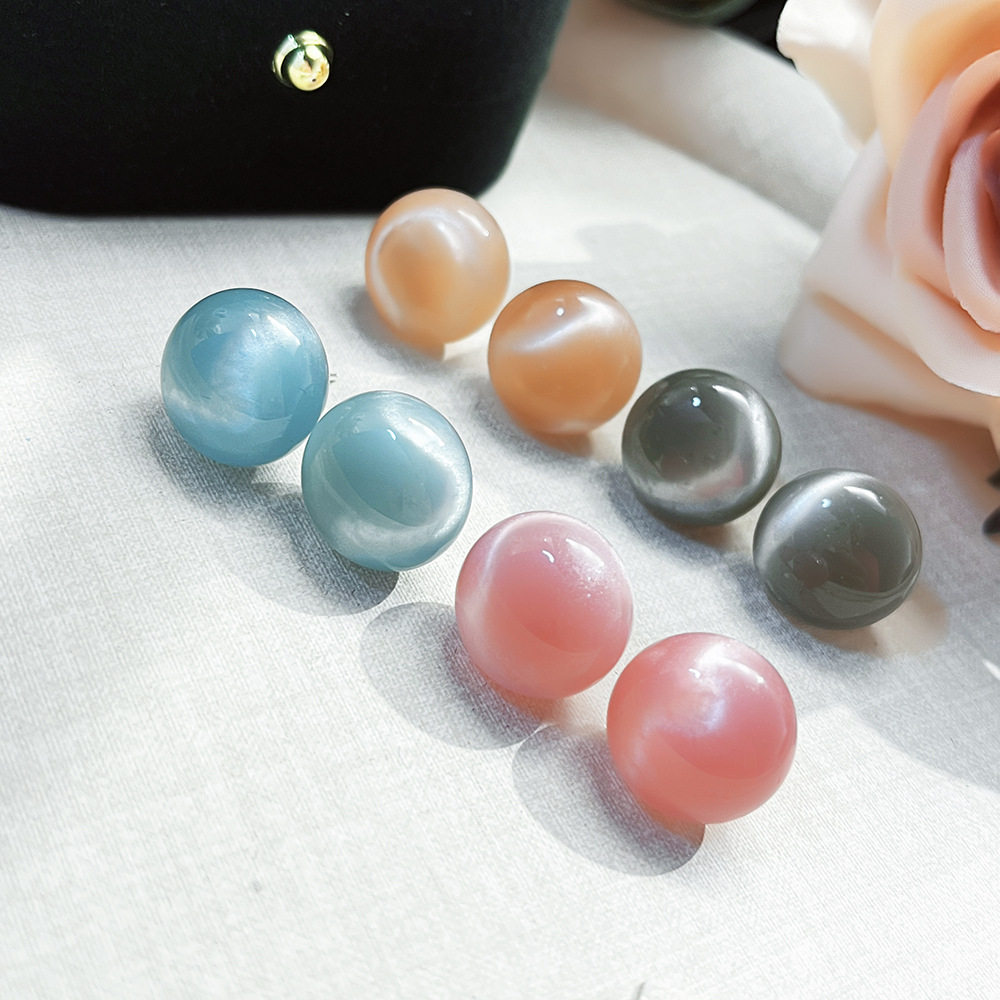 多巴胺彩色晕染猫眼圆形耳钉气质立体冰透感扁圆糖果色耳环马卡龙