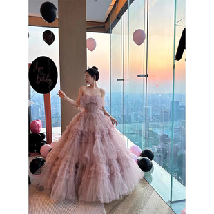2025新款 粉色抹胸拖尾礼服女新娘结婚粉紫色蛋糕裙长裙婚纱礼服裙