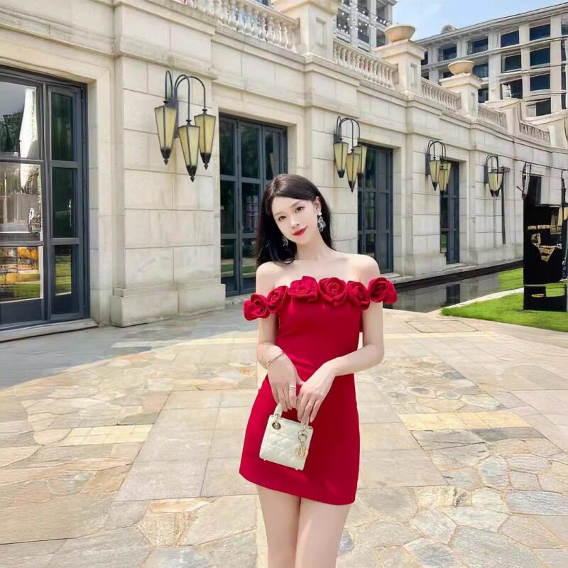 法式复古玫瑰花一字肩礼服短裙