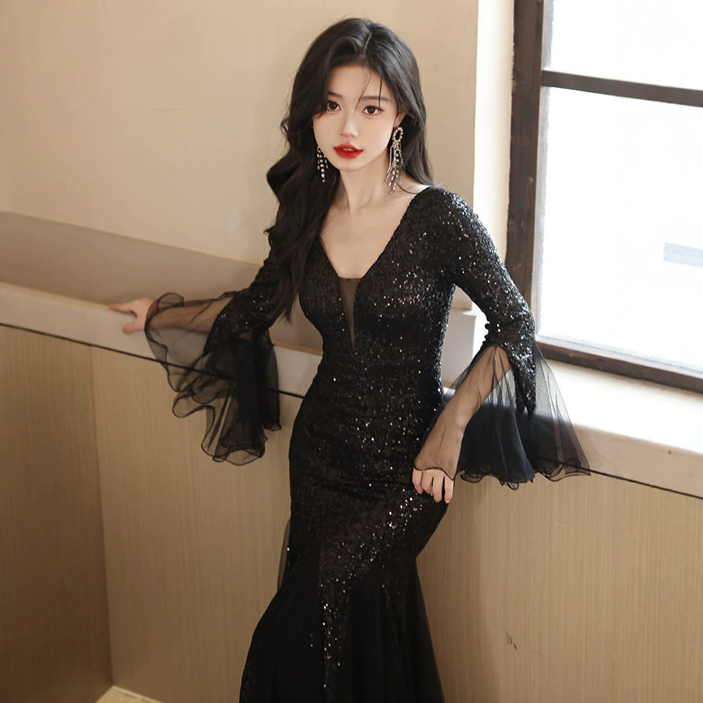 2026新款黑色晚礼服裙女年会高级感宴会气质轻奢小众高端主持人